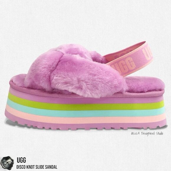 UGG DISCO KNOT PLATFORM SLIDE SANDAL IN WILDFLOWER FUCHSIA SIZE 7 WOMEN’S SHOE - Picture 1 of 15